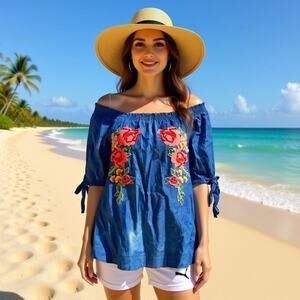 Women's Top Sz L Blue Chambray Split Side Floral Embroidery Beach Coastal Boho